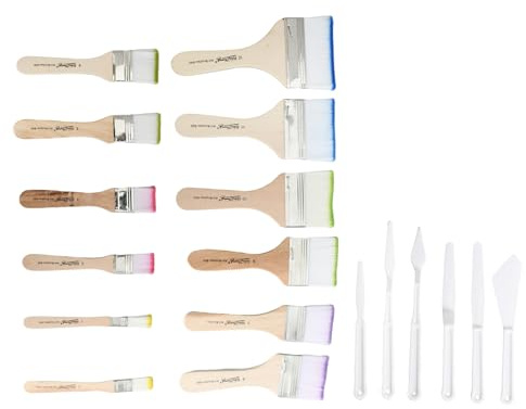 12 Pinceaux Plats Colorés + 6 Couteaux à Peinture, Mallette de Pinceaux pour Peinture Acrylique, Huile & Aquarelle, 12 Tailles Pinceau de Peintre avec Manche en Bois