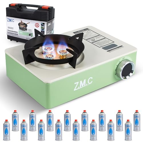 ZMC 1-brännare gasspis 3 500 W med 3 brännarsystem och piezo-tändning inkl. 16 x gaspatroner, bärbart campingkök med transportfodral, kompakt och lätt 1,4 kg, utomhusspis för camping och trädgård