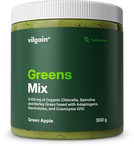 Vilgain Greens Mix (300 g) Grüner Apfel Ohne Koffein – 30 Portionen Superfood Pulver Mit Spirulina, Chlorella & Gerstengras, Veganes Greens Supplement Mit Elektrolyten Für Vitalität & Verdauung