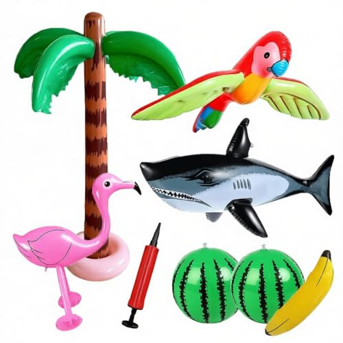 8 Pack Inflatable Palm Trees Flamingo Hat Shark Parrot Banana Beach Balls Set with 2 Watermelon Balloons for Hawaiian Party Decor Summer Pool Beach Party Supplies Outdoor Decorations
