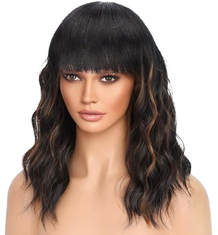 YEESHEDO Nero misto marrone bob parrucca ondulata corta con frangia, parrucche ricciolo naturale per le donne 14 pollici
