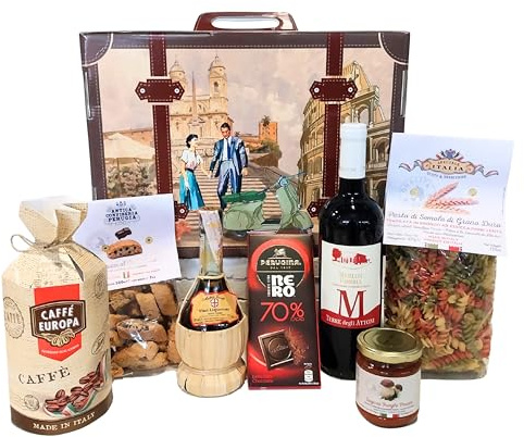 Speciale Italia Cesto Regalo Gastronomico – 7 Prodotti Tipici Italiani in Valigia Riutilizzabile – Confezione Alimentare Gourmet Made in Italy Ideale per Regali