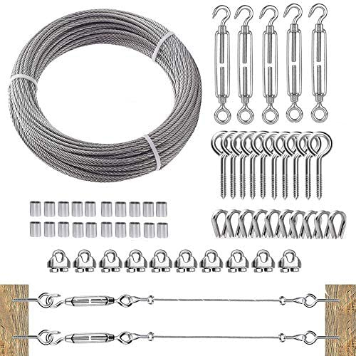 TooTaci 3mm Edelstahlseil Set, 30M/3mm Edelstahl Drahtseil Spanndraht 7×7, M6 Seilspanner Edelstahl Set, Stahlseil mit ösen, Seilspanngarnitur für Hängen, Gardinen seil, Rankhilfe Seilsystem