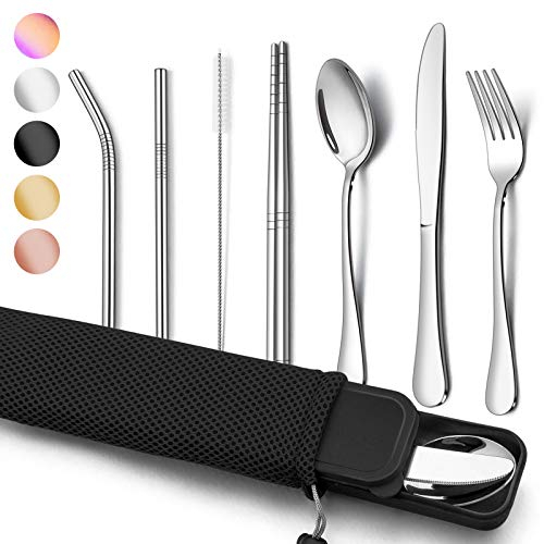 Homikit Campingbesteck, 9-teilig Tragbares Reisebesteck Outdoorbesteck, Edelstahl Camping Besteck Set Messer Gabel Löffel Essstäbchen Metallstrohhalme Reinigungsbürste, Etui & Tasche, Silber