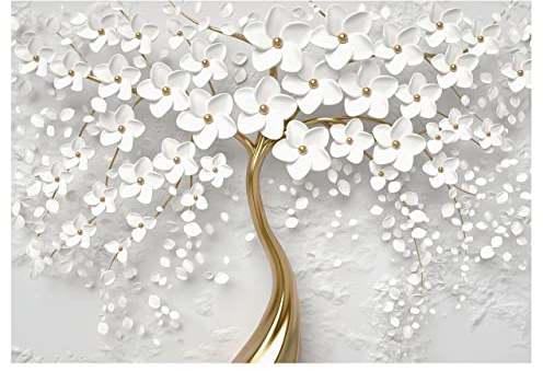 WallArena - Vlies Fototapete Blumen 3D Effekt weiß gold Baum 368x254 cm - Fototapeten - Tapeten - für Wohnzimmer Schlafzimmer - Vliestapete Wandtapete Tapete 3D Effekt- inkl. Kleister