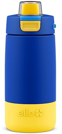 Ello Kids Colby 12oz Stainless Steel Insulated Water Bottle with Straw and Built-In Silicone Coaster Carrying Handle and Leak-Proof Locking Lid for School Backpack, Lunchbox, and Outdoor Sports, Blue