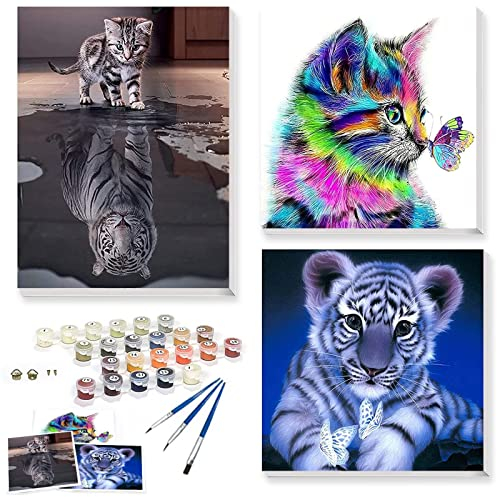 YFWUQI Malen nach Zahlen Erwachsene Tiere, Malen nach Zahlen ab 6 7 8 9 10 11 Jahre Mädchen Jungen Paint by Numbers Adult Malen nach Zahlen Kinder Teenager Malen nach Zahlen Katze Tiger Leinwand Set
