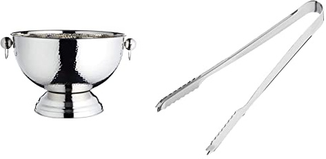 BarCraft Hammered Stainless Steel Champagne Bucket, Beer, Drinks and Wine Cooler, 37x25cm, Gift Tagged & Stainless Steel Ice Tongs 7inch | Bar Ice Tongs, Ice Bucket Tongs