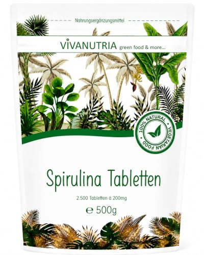 VivaNutria Spirulina Tabletten 500g | 2500 Spirulina Presslinge à 200 mg | 100% Spirulina | ohne Zusätze | Rohkostqualität | vegan | aus kontrolliertem Anbau