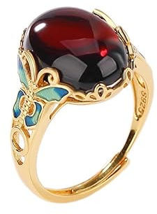 WLLDDDIU Ring Aus 925Er Sterlingsilber, Vergoldet, Leichtes Luxuspolieren, Eingelegter Roter Bernstein, Mikrobesetzter Zirkon, Offene, Verstellbare Ringe, Schmuckgeschenke Für Jungen, Mädchen, Mä