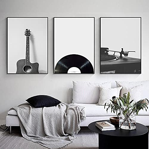 CPGG Kunstdrucke auf Leinwand Musik Schallplatte Poster Schwarz-Weiß Gitarre Fotografie Wandkunst Leinwand Gemälde modernes Retro-Schlafzimmer Dekoration Bilder 50x70cmx3 ungerahmt