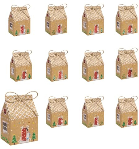 Kiiwah 12 Stück Weihnachten Party Geschenkboxen, Kraftpapier Little House Süßigkeitstüten Faltbare Weihnachtsleckerei Boxen mit 12 Hanfseile für Weihnachten Geschenk Dekoration