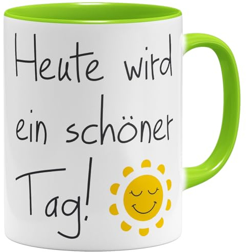 OM3® Positive Vibes Kaffee-Tasse mit Spruch - heute wird ein schöner Tag - gute Laune Sonne Motivation - Keramik Becher - 325ml - Beidseitig Bedruckt - Hellgrün
