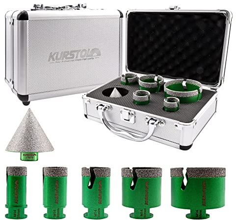 KURSTOL Diamant-Bohrkrone Kit - 5 Stück Diamantbohrer 25/30/35/50/68MM+1 Stück 50MM Diamant Fasenbits Trockenbohren für Porzellan Fliese Granit Marmor
