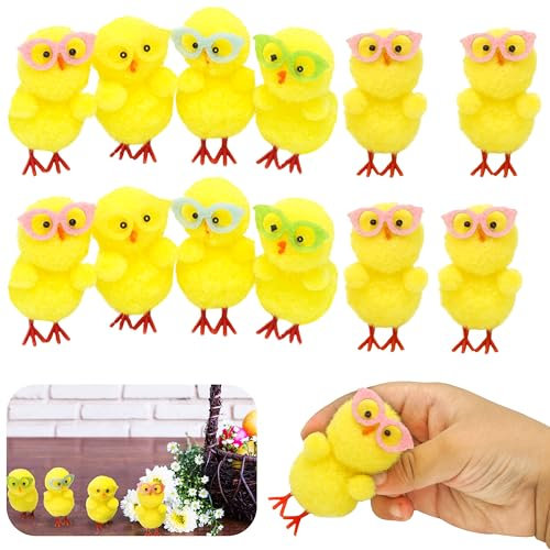 SRVertex 12Pk Easter Fur Chicks Fluffy Chenille Chicks Wearing Glasses Soft Plush Toys Easter Chicks 5cm Tall Kids DIY Easter Egg Bonnet Decorations Chick