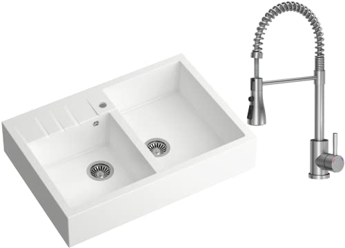VBChome Évier de cuisine - 90 x 62 cm - Double bol - En granit blanc - Rectangulaire - Encastré - Grand bac profond - En granit - Avec siphon et robinet