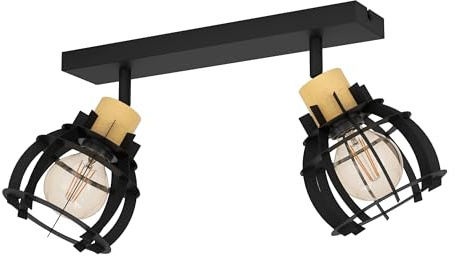 EGLO Deckenstrahler Stillington 1, 2-flammige Deckenlampe | mit schwenkbaren Spots, FSC100HB, Deckenleuchte Industrial Design aus Metall in Schwarz und Holz in Natur, Deckenspot E27
