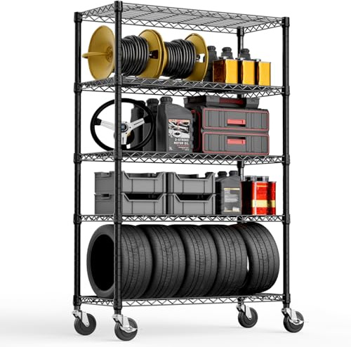 M MZG Steel Storage Shelving 5-Tier Utility Shelving Unit with Wheels, Steel Organizer Wire Rack for Home,Kitchen,Office,Garage, 45 x 120 x 192cm