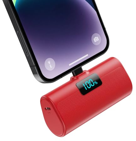 Mini Batterie Externe pour iPhone 5200mAh, Power Bank 20W PD Charge Rapide Chargeur Externe, Petit Batterie Portable pour iPohone 14/13/12/11/XR/X/8 (Rouge, Milliampères-Heure (mAh), 5200)