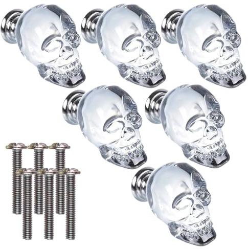 6 Pack Crystal Glass Door Knobs, Skull Furniture Handles Clear Kitchen Cabinet Pull Knobs for Cupboard Closet Drawer, Thickness Between 17-22mm