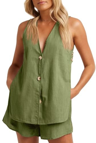 NSICBMNO Co Ord Sets für Damen, Sommer-Shorts und V-Ausschnitt, Weste, Oberteil, ärmellos, Knopfshirt mit Taschen, zweiteiliges Lounge-Set, Loungewear, passende Sets, 2-teilige Outfits für Sommer,