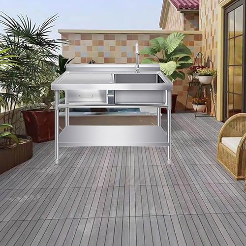 Lavello in Esterno Acciaio Inox,Lavandino Cucina con Rubinetto,con cassetti e ripiani portaoggetti, con rubinetto caldo e freddo, per lavanderia, garage, giardino esterno.(Size:100*50*80cm/39.4*19.7*3