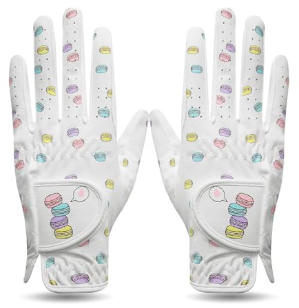 FINGER TEN Guanti da golf da donna in microfibra con motivo macarone, coppia di guanti da golf da donna, antiscivolo, morbidi, traspiranti, resistenti all'usura, bianchi (bianco, S)