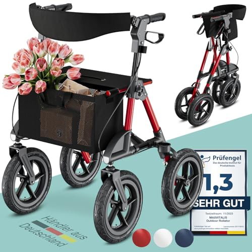 ELONEO Rollator faltbar und leicht mit Sitz, Outdoor Rollator mit Luftbereifung inkl. Sitzfläche, Rückengurt, höhenverstellbare Gehhilfe aus Aluminium inkl. Tasche und Stockhalter Rot