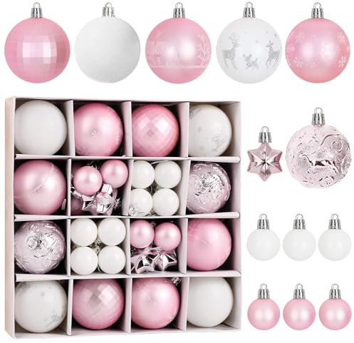 BOFUNX 44pcs Bolas de Navidad Rosa para Arbol de Navidad Bolas Navideñas Rosada y Blanco Colgantes de Plástico Adornos navideños Decoración para Árbol de Navidad Fiestas Cumpleaños