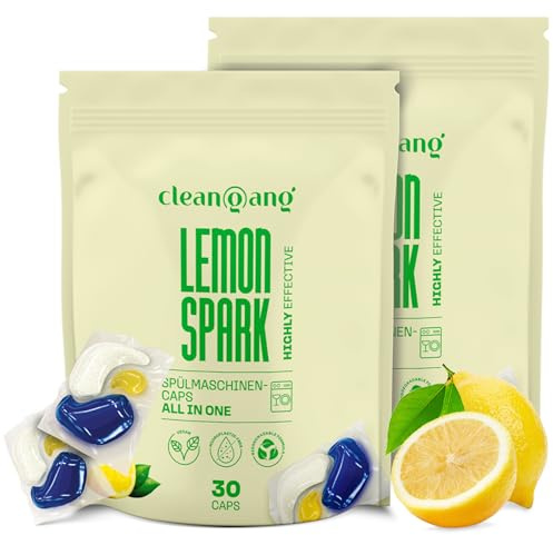 cleangang Spülmaschinentabs All-in-One, 60 Caps, Zitrone, 12 Funktionen | dreifache Reinigungskraft, Fettlösekraft & Glanz, ab 40°C wirksam, plastikfreie Folie, biologisch abbaubar, ohne Vorspülen