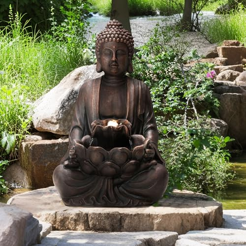 Glitzhome Outdoor Fountain 23.25 H, Zen Style Buddha Fountains Indoor Water Fountain with Pump & LED Lights, Freestanding Water Feature Fountains Outside Garden Backyard Decor