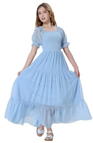 EXARUS Girls Maxi Long Dresses Teen Smocked Prom Swiss Dot Light Blue 10Y