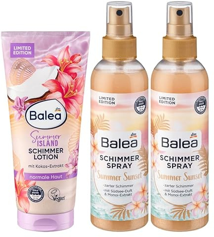 Balea 3er-Set Hautpflege: Körperlotion Schimmer Summer Island mit Kokos-Extrakt, sommerlicher Glow, exotischer Duft, 200 ml + Bodyspray Summer Sunset Schimmerspray mit Südsee-Duft, 2 x 200 ml (600 ml)
