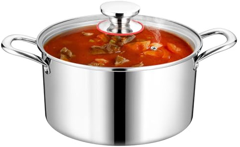 Homikit Tri-ply Stainless Steel Stockpot, 7.5 Quart Large Cooking Pot with Glass Lid, Kitchen Induction Soup Pasta Pot with Double Handle for Gas Electric Stoves, Oven and Dishwasher Safe