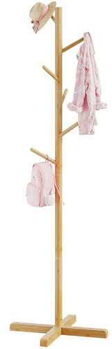 BAMBOOHOMIE Kleiderständer für Kinder, Bambus-Garderobenbaum mit 6 Haken, 2 höhenverstellbar, freistehende Baumgarderobe für Schlafzimmer, Flur, Eingang, hängende Hüte und Handtaschen (129,5 cm Höhe)