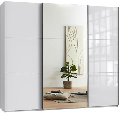 Schwebetürenschrank 3-türig B250/H216/T65 cm Weiß m. Glasfront, Spiegel, schwarzen Griffleisten, inkl. Selbsteinzug, Kleiderschrank m.Einlegeböden, Kleiderstangen, Schubladen, Wäscheeinteilung / 22033