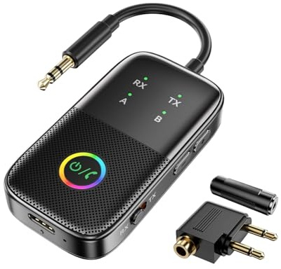 Premium Ricevitore Trasmettitore Audio Bluetooth con aptX Adaptive Support 2 Cuffie Wireless, Adattatore Audio Wireless Bluetooth per Qualsiasi Jack da 3,5 mm su Aereo, Palestra, TV, Auto, Casa