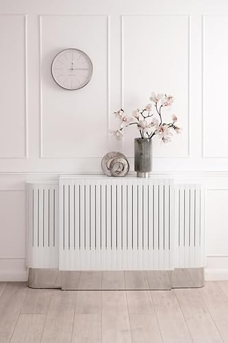 MY Furniture Anastasia Adjustable White Glass Radiator Cover with Silver Pedestal – Sleek and Stylish Heating Cabinet for Living Rooms, Hallways, and Bedrooms with Adjustable Size