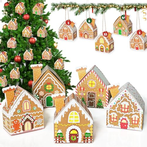 BOFUNX Adventskalender zum Befüllen Haus, 24 Stücke Geschenkbox Geschenkschachtel mit 1-24 Zahlen Aufkleber für Adventskalender Weihnachtskalender Geschenk
