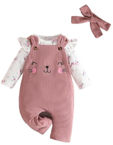 Eqenkely Baby Girls Clothes Floral Bodysuit Tops +Suspender Bear Dungarees Pants +Headband 3 Pieces Outfits Set | Baby Clothing, Adjustable Straps, Girls' Outfits 0-3 6 9 18 24 Months for Christening, Party, Christmas, Birthday 1 Year Old