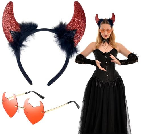 Snyvpra Teufelshörner Haarreif und Sonnenbrille Set - Rote Teufel Hörner Kopfband für Halloween, Karneval und Cosplay Partys - Lustiges Dämon Kostüm Zubehör für Erwachsene und Kinder