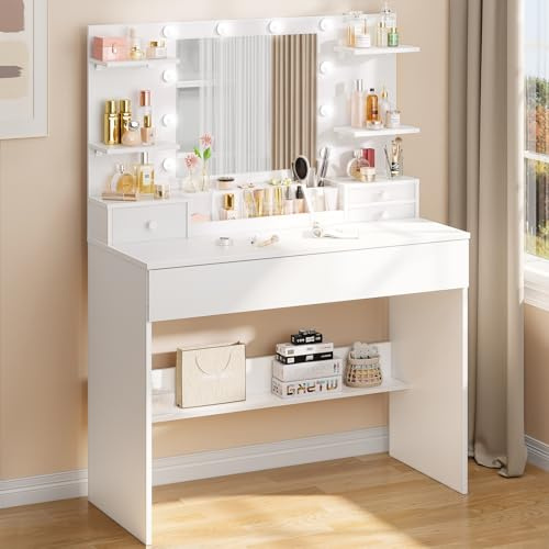 Coleshome Dressing Table with LED Mirror, Vanity Desk with 10 Dimmable Bulbs & Drawer, 3 Colors Adjustable Brightness, Makeup Desk with Zoned Storage for Cosmetics, White, 100x40x136cm
