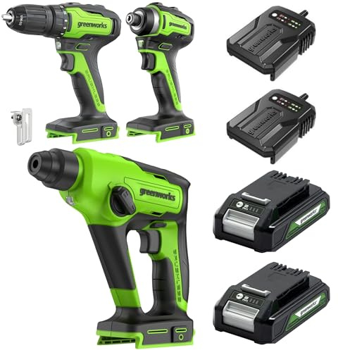 Greenworks Kit de 3 outils sans fil 24V, composé d'une visseuse sans fil (35 Nm), d'une visseuse à percussion sans fil (220 Nm), d'un marteau perforateur sans fil 1.2J, de 2 batteries et d'un