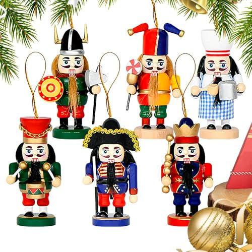 Wooden Nutcracker Soldier Ornaments | 6-Piece Nutcracker Christmas Decoration Set With Hanging Lanyard | Holiday Figurines For Tree, Mantel, Bookshelf, Table, Window, Wall, And Desktop | Seasonal