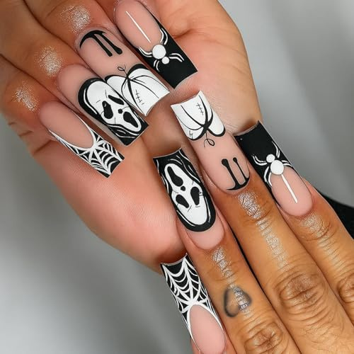 Matte Ghost White Halloween Press On Nails With Nude Beige Base - Long Coffin Shape 24pc Kit Featuring Black And White Spiderweb Skull And Stitched Pumpkin Designs For Themed Events And Seasonal