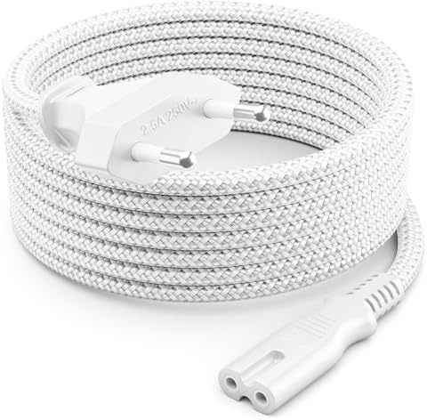 deleyCON 3,0m Nätkabel Strömkabel Euro‑kontakt Typ C till C7 (Nylonkabel) - Eurokabel Plattkontakt 2,5A för C8‑hona - TV, Soundbar, PS4, PS5, Nätaggregat, Småapparater m.m. - Vit