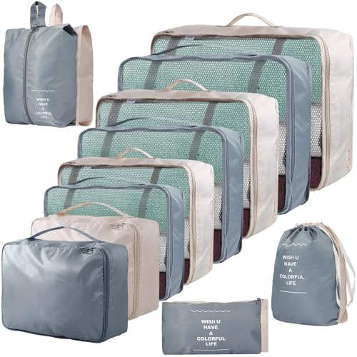 14-Piece Packing Cubes, Lightweight Dual-Colour Packing Cubes for Suitcases, Two Colour Suitcase Organiser Bags for Holidays & Business Travel (14, Grey & Beige)