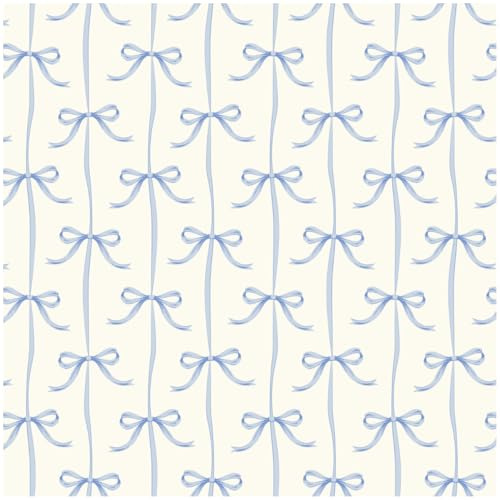 YöL Blue Bow Pattern Wallpaper with Ribbon Design on White Background, Decorative Wall Covering for Bedrooms Nurseries and Feature Walls, Elegant Whimsical Interior Décor