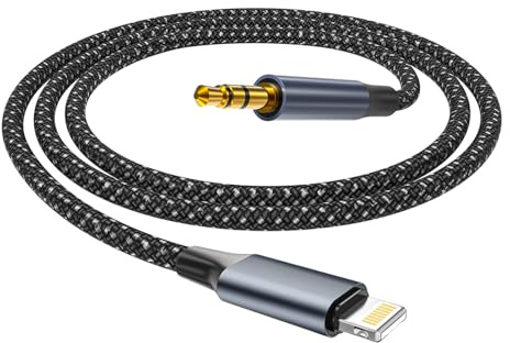 Cavo Aux iPhone 1M Nylon Tressato, Certificato Apple MFi Adattatore Lightning Jack 3.5mm, Adattatore Jack per Autoradio/Cuffie/Altoparlanti/Home Audio, Compatibile con iPhone 14/13/12/11/X/8/SE