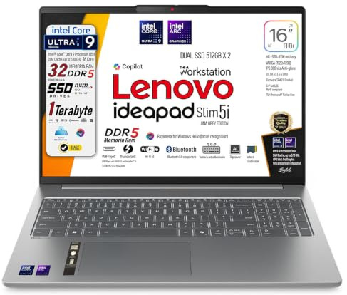 Lenovo, Ideapad Slim 5i, Intel Core Ultra9 185H 16Core, DDR5 32Gb, Display WUXGA 16 IPS FHD+, SSD Nvme da 1Tb (512Gb x 2), Wi-Fi 6, Bt, Web cam, Thunderbolt, Tastiera retroilluminata, Ready to Use